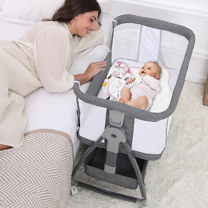3 in 1 Baby Bassinet Bedside Sleeper with Mattress and Wheels, 5 Height Adjustable Bed Side Bassinets for Newborn, Gray Rocking Bassinet for Baby