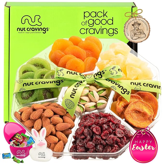 NUT CRAVINGS Gourmet Collection - Easter Treats, Candies & Dried Fruit Nuts Gift Basket with Happy Easter Ribbon, Candy Filled Egg + Bunny (7 Piece Assortment)