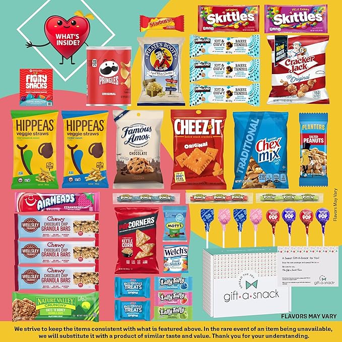 Gift A Snack - Back to School/Off to College Snack Box Variety Pack Care Package + Greeting Card (40 Count) Birthday Sweet Treats Gift Basket, Candies Chips Crackers Bars, Office Food Assortments