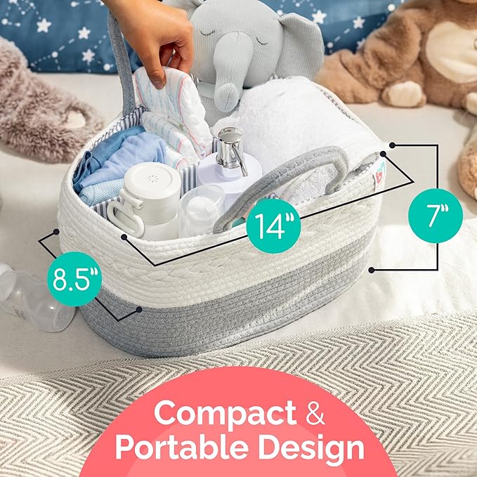 Rope Diaper Caddy - Storage for Baby and Toddler Items - Portable Cotton Organizer Easily Holds Diapers, Wipes, Clothing - Useful for Nursery, Bedroom (Gray, Regular)