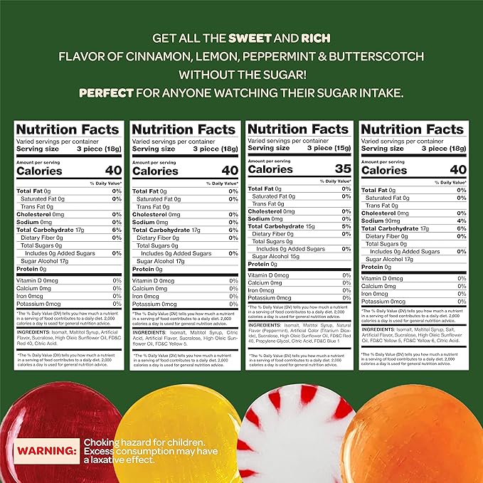 Sugar-Free Hard Candy Assortment - 1 Pound Pack (About 80 Count) - Lemon, Butterscotch, Peppermint, Cinnamon