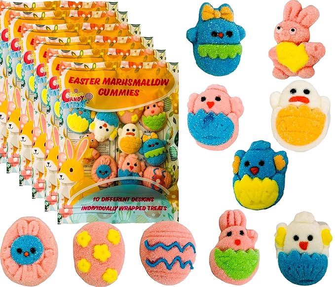 Easter Marshmallow Gummies - 10 Fun Designs, 6-Pack, Total 60 Individually Wrapped Gummies - Gluten-Free & Dairy-Free, Perfect for Egg Hunts