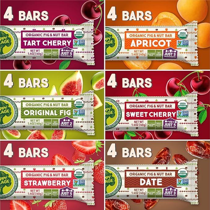 Happy Village Organic Fig & Nut Bars, VARIETY (24 Pack, 1.4 OZ each), Gluten Free, No Refined Sugar, Kosher, Non-GMO, Vegan, Good Source of Fiber, Organic Healthy Snack Bars - 4 bars of Each Flavor