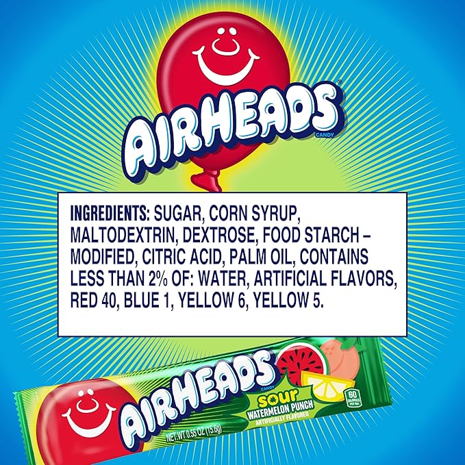 Airheads Sour Mini Halloween Trick or Treat Taffy Candy Bars, Watermelon Punch Flavored, Individually Wrapped Candy for Adults & Kids, Treat Bags & Party Favors, 36 Bars