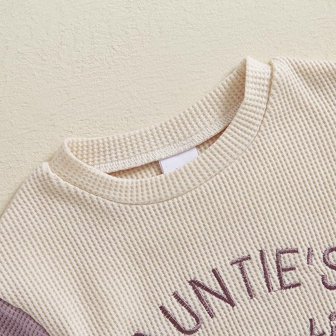 SAYOO Aunties Bestie Baby Girl Clothes Letter Embroidery Waffle Color Block Sweatshirt Bodysuit Fall Bubble Romper Pullover