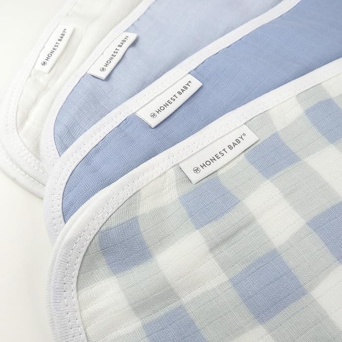 HonestBaby Organic Cotton Multi-layer Burp Cloths Multipack, 4-Pack Blue Painted Buffalo Check, One Size