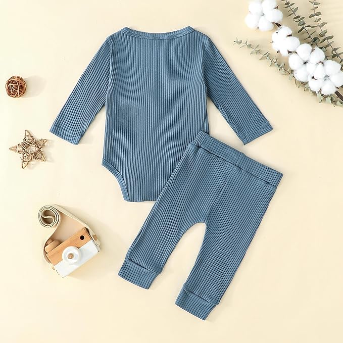 Newborn Baby Boy Girl Clothes Ribbed Knit Cotton Long Sleeve Romper Long Pant Preemie Solid Color Unisex Outfits