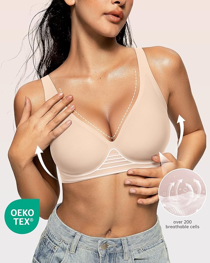 OEAK Womens Deep V Bras Wireless Comfortable Bra Supportive No Underwire Bras Tshirt Push Up Bralettes Plunge Seamless Bra