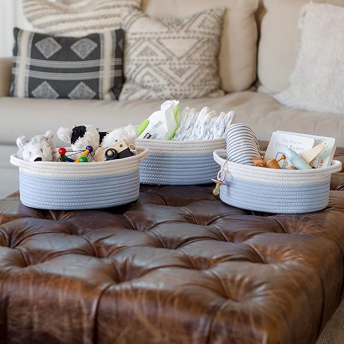 NaturalCozy 3-Piece Oval Storage Basket Set– Soft Natural Rope Woven Baskets for Storage Shelf, Toy, Nursery, Gift, Baby Shower, Pets Cat Dog Bins | Small Basket for Organizing (Off White & Blue)