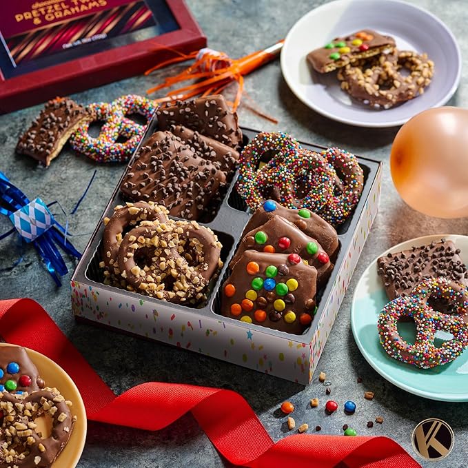 KREMERY Creamy Chocolate Cravings - Chocolate Covered Pretzel Twists & Grahams Cookies Gift Basket, in Brown Gift Box (12 Count, Assorted Sweet Toppings) Food Assortments USA Made