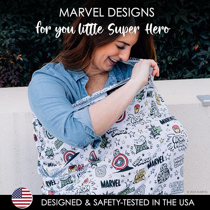Milk Snob Original Marvel 5-in-1 Baby Cover, Breastfeeding, Car Seat, Carrier, Stroller, High Chair, Shopping Cart, Canopy, Baby Shower Gender Neutral Gifts, Nursing Top (Mighty Heroes)