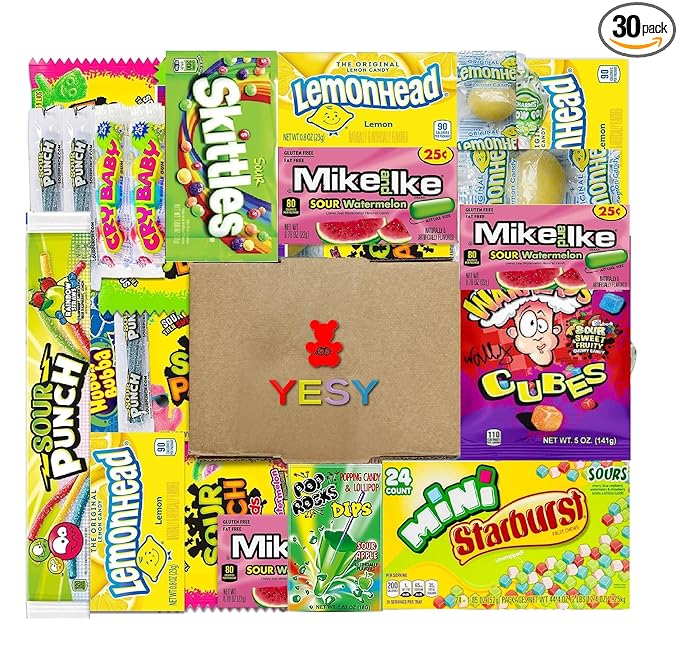Sour Candy Box -Bulk Sour Variety Pack - Individually Wrapped Super Sour Favorites - Candy Mix with Sour Skittles, War, Sour Kids, Lemonhead and More - 30 Count for Kids and Adults