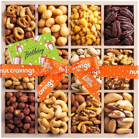 NUT CRAVINGS Gourmet Collection - Happy Birthday Treats, Nuts Gift Basket with Bday Ribbon in Reusable Wooden Tray (12 Assortments) Food Arrangement, Healthy Snack Care Package, Food Assortments