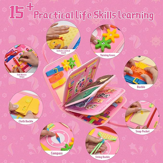 Toddler Busy Board Montessori Toys, Sensory Board Busy Book, Busy Board for Toddlers 2-4, Preschool Learning Activities with Life, Unicorns Pink, 8 Pages and 2 Pages Sensory Mats