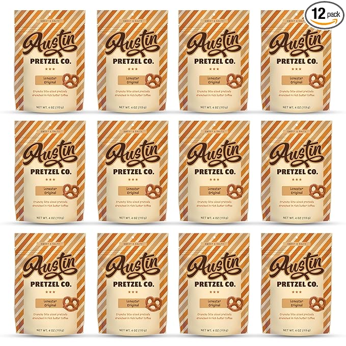 Lonestar Original Sweet & Salty Toffee Pretzels – 4 Oz Bite-Sized Crunchy Snacks Coated in Rich Buttery Toffee & Sea Salt – Texas-Style Bold Flavor, Perfect for Anytime Snacking (Pack of 12)