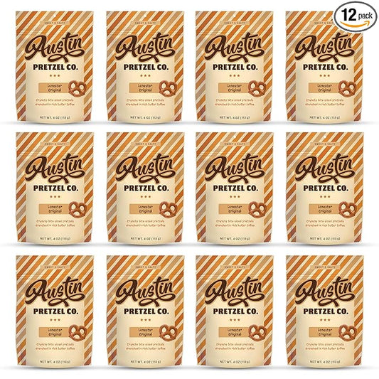 Lonestar Original Sweet & Salty Toffee Pretzels – 4 Oz Bite-Sized Crunchy Snacks Coated in Rich Buttery Toffee & Sea Salt – Texas-Style Bold Flavor, Perfect for Anytime Snacking (Pack of 12)