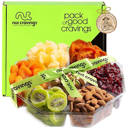 NUT CRAVINGS - Rosh Hashana & Shana Tova Dried Fruit & Mixed Nuts Gift Basket + Green Ribbon (7 Assortments, 2 LB) Food Arrangement, Healthy Snack Care Package, Food Assortments