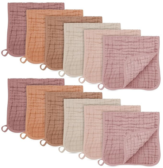 SWEET DOLPHIN 12 Pack Muslin Burp Cloths Large 100% Cotton Burping Clothes for Baby Drool - Absorbent and Soft Boys & Girls Milk Spit Up Rags for Newborn Essentials Registry - Neutral Retro