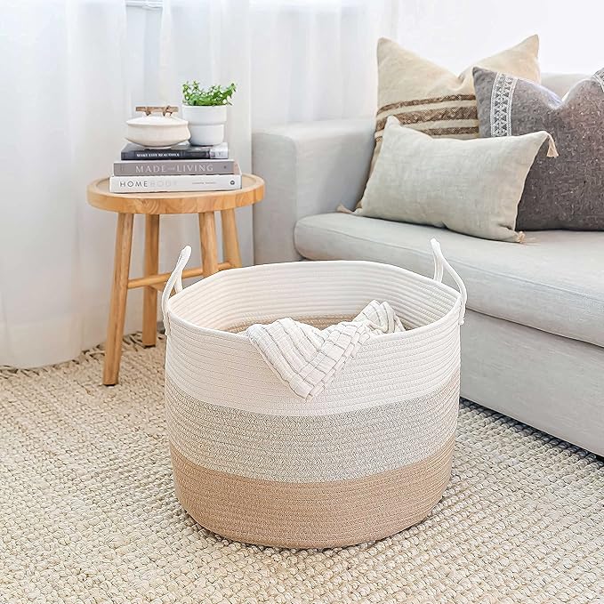 OrganiHaus Extra Large Blanket Basket for Living Room 20x13, Natural Cotton Rope Laundry Basket, Sturdy Hamper for Toy Storage, Cushions & Pillows Storage Bin, Nursery Decor Hamper - Honey