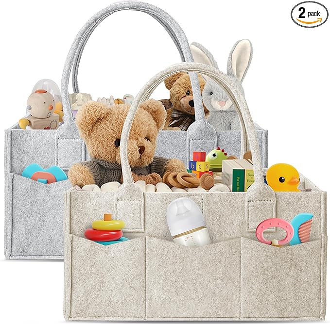 HIPHOP PANDA 2-Pack Diaper Caddy Organizer - Nursery Storage Bin & Car Organizer for Diapers, Wipes, and Baby Essentials - Dual-Color Solid Set (Grey/Oatmeal), Large Size