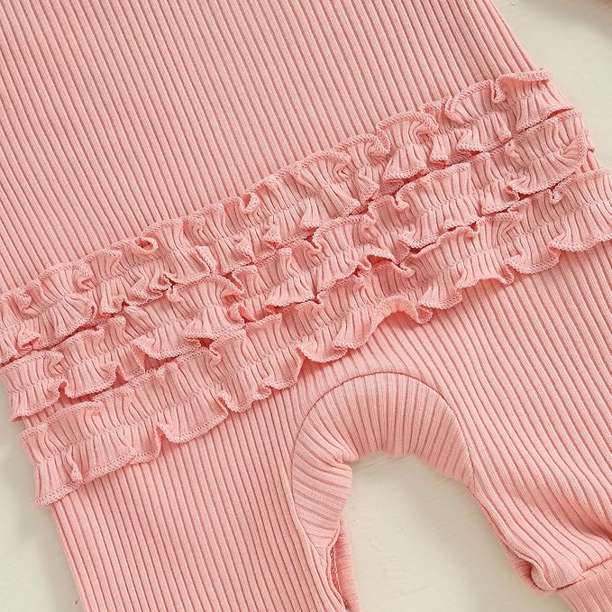 WZTYYDS Newborn Baby Girl Clothes Ribbed Romper Print Long Sleeve Jumpsuits Bow Headband Set Infant One-piece Outfits