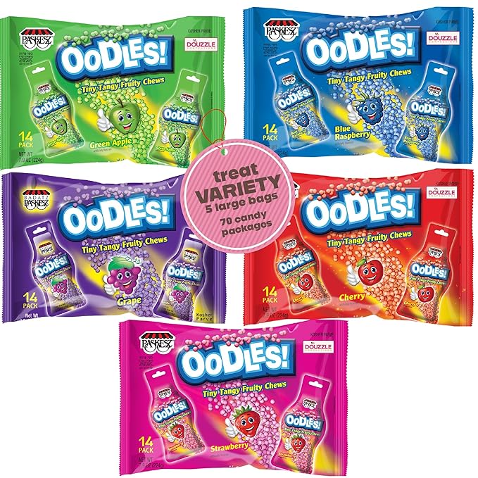 DOUzzle Back To School Bulk Candies Vareity Pack Oodles Assortment - Apple, Cherry, Grape, Raspberry & Strawberry, (14 Count, Pack of 5) Individually Wrapped, Party Favor - Kosher Parve
