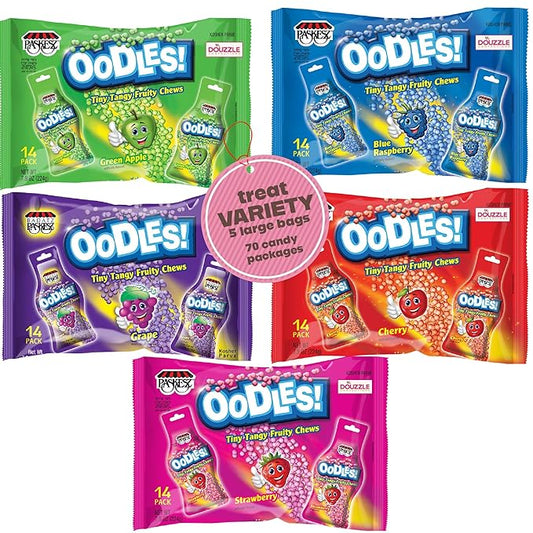 DOUzzle Back To School Bulk Candies Vareity Pack Oodles Assortment - Apple, Cherry, Grape, Raspberry & Strawberry, (14 Count, Pack of 5) Individually Wrapped, Party Favor - Kosher Parve