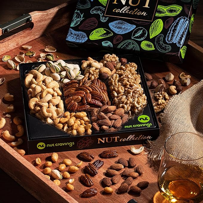 NUT CRAVINGS - Nut Collection Gift Basket in Elegant Box (7 Assortments) Food Arrangement, Healthy Snack Care Package, Food Assortments