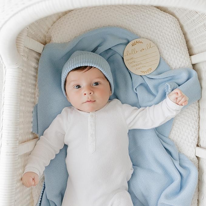 Luxe Collection 100% Organic Luxury Knit Baby Blanket + Hat Set (Sky Blue)