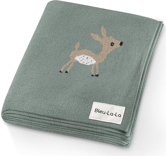 Soft Baby Swaddle Receiving Blanket - 100% Cotton Knit Soft Cozy Receiving Swaddling Quilt Blanket for Shower Gift Registry for Newborns, Infants, Toddlers (Deer - Sage)