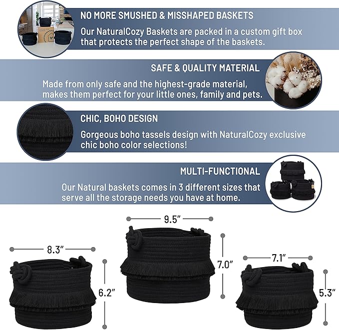 NaturalCozy 3-Piece Decorative Storage Basket Set – Black Cotton Rope Small Woven Baskets for Organizing for Nursery Baby Stuff, Gift, Vanity, Montessori, Dog Cat Toy Bin, Planter, Bathroom Shelves