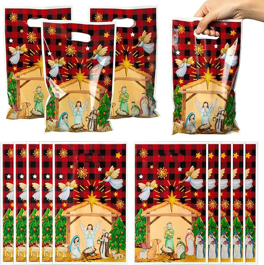 50Pcs Christmas Nativity Christian Party Favor Bags, Jesus Cardinal Buffalo Plaid Goodies Gift Bags, O Holy Night Themed Party Decorations for Christmas Birthday Supplies