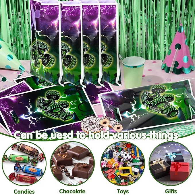 Green Purple Monster Truck Party Favor Bags - 50Pcs Monster Truck Goody Candy Treat Gifts Bags, Green Purple Racing Car Themed Party Decorations for Kids Boys Girls Birthday Supplies