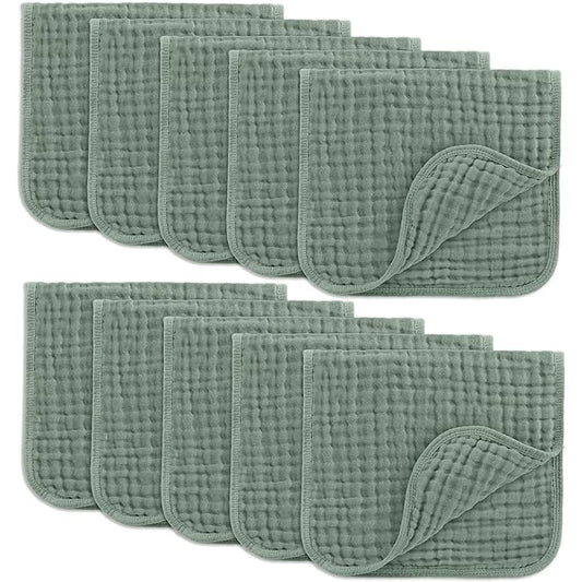 Comfy Cubs Muslin Burp Cloths 20" x 10", Pack of 10 - Large, 6-Layer, Ultra Absorbent 100% Cotton for Baby Drool and Messes - Soft, Safe & Gentle Baby Burp Cloths for Boys & Girls - Fern