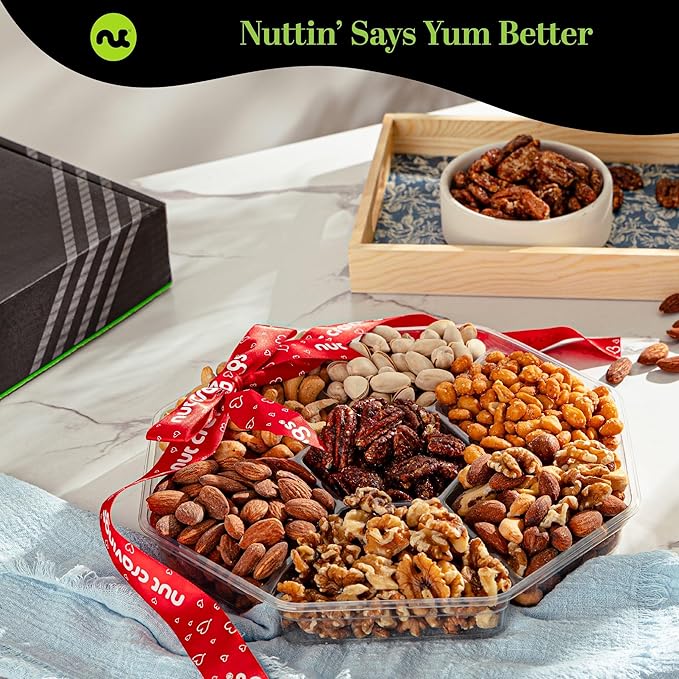 NUT CRAVINGS - Mixed Nuts Gift Basket + Heart Ribbon (7 Assortments) Food Arrangement, Healthy Snack Care Package, Food Assortments