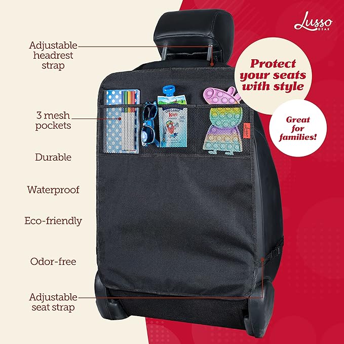 Lusso Gear Heavy Duty Kick Mats (2 Pk) - Back Seat Protector, Sag Proof, Waterproof, Car Back Seat Cover for Kids Who Make Big Messes, 3 Reinforced Storage Pockets, Premium Oxford Fabric (Tan)