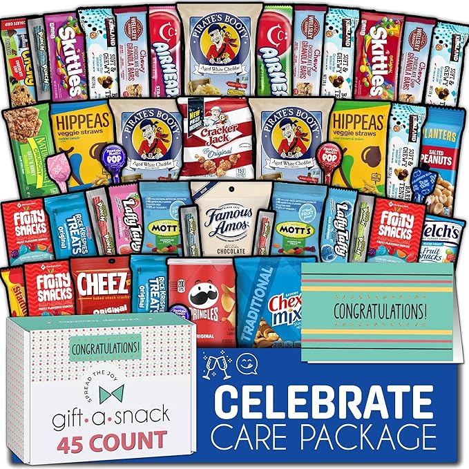 Gift A Snack - Congratulations Snack Box Variety Pack Care Package + Greeting Card (45 Count) Graduation Sweet Treats Gift Basket, Candies Chips Crackers Bars - Food Assortments Cravy Food Assortments & Variety Gifts