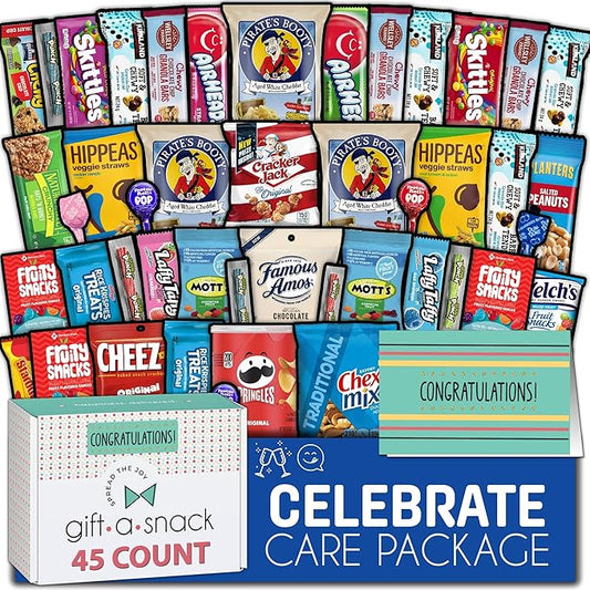 Gift A Snack - Congratulations Snack Box Variety Pack Care Package + Greeting Card (45 Count) Graduation Sweet Treats Gift Basket, Candies Chips Crackers Bars - Food Assortments Cravy Food Assortments & Variety Gifts
