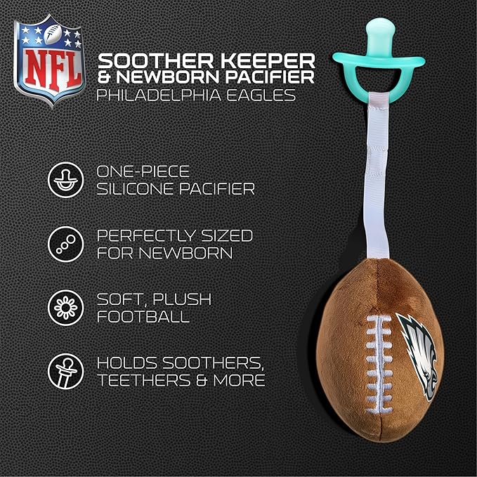 Philadelphia Eagles Plush Football Pacifier Holder with Newborn Paci by Smilo - Officially Licensed NFL Soother Holder - Soft Plush Toy and Binky - Fits Any Pacifier - NFL Baby Essential