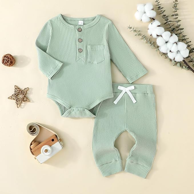 Newborn Baby Boy Girl Clothes Ribbed Knit Cotton Long Sleeve Romper Long Pant Preemie Solid Color Unisex Outfits