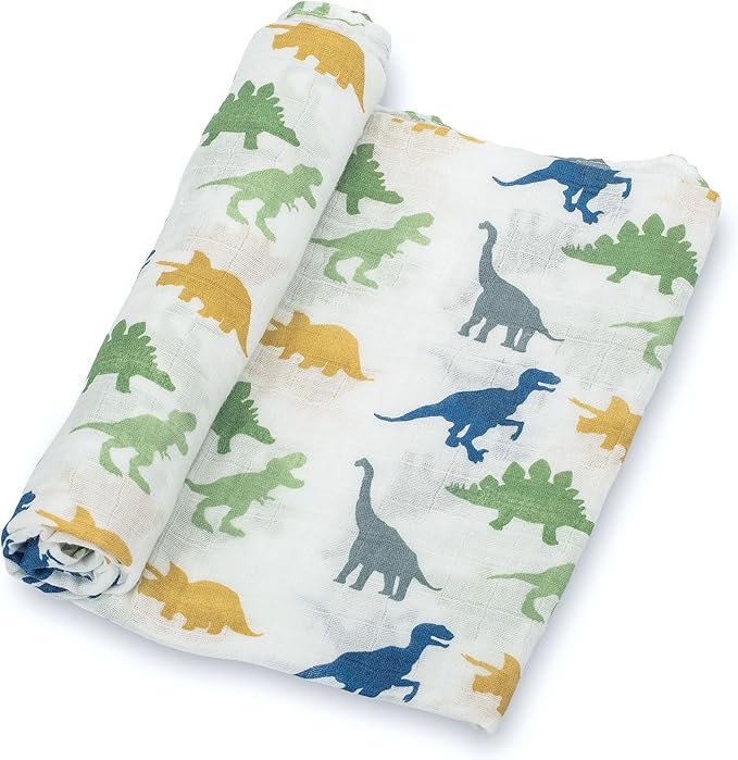 LollyBanks Muslin Swaddle Blankets, 100% Cotton Newborn Blanket for Boys and Girls, Large 47 x 47 Inches Lightweight and Breathable Baby Swaddle Blanket, Baby Essentials, Registry (Dinosaur Theme)