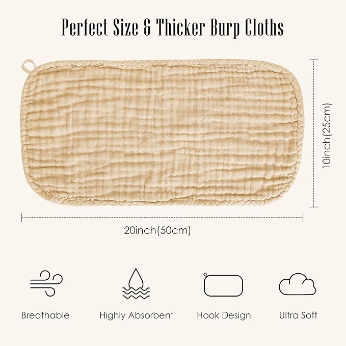 12 Pack Muslin Burp Cloths - Large 20" x 10", Ultra Absorbent 100% Cotton for Baby Drool and Messes - Soft, Gentle Baby Burp Rag for Boys & Girls -Brown