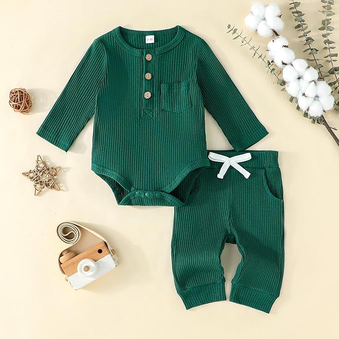 Newborn Baby Boy Girl Clothes Ribbed Knit Cotton Long Sleeve Romper Long Pant Preemie Solid Color Unisex Outfits