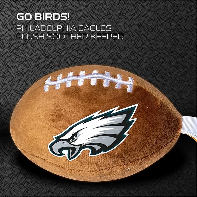 Philadelphia Eagles Plush Football Pacifier Holder by Smilo - Officially Licensed NFL Soother Holder - Soft Plush Toy and Dummy Holder - Fits Any Pacifier - Stroller Accessory & Newborn Essential