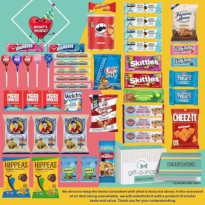 Gift A Snack - Congratulations Snack Box Variety Pack Care Package + Greeting Card (45 Count) Graduation Sweet Treats Gift Basket, Candies Chips Crackers Bars - Food Assortments Cravy Food Assortments & Variety Gifts
