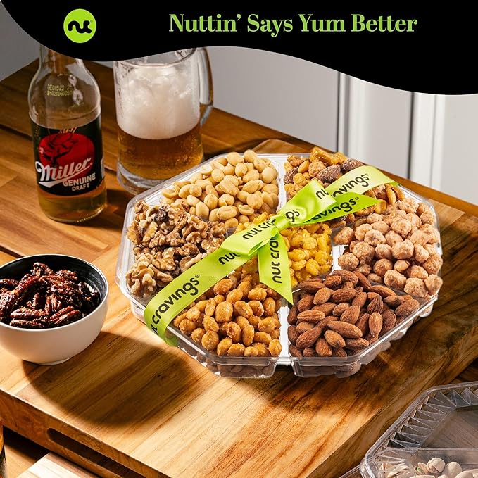 NUT CRAVINGS - Mixed Nuts Gift Basket + Green Ribbon Classic (7 Assortments, 1 LB) Food Arrangement, Healthy Snack Care Package, Food Assortments