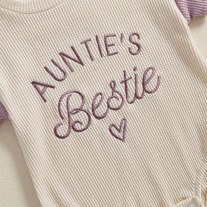 SAYOO Aunties Bestie Baby Girl Clothes Letter Embroidery Waffle Color Block Sweatshirt Bodysuit Fall Bubble Romper Pullover