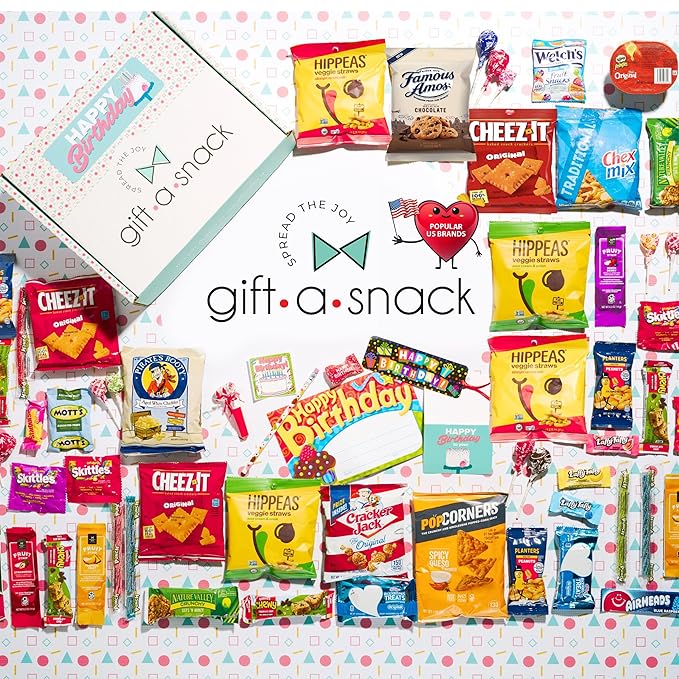 Gift A Snack - Happy Birthday Snack Box Variety Pack Care Package + Greeting Card (45 Count) Bday Sweet Treats Gift Basket, Candies Chips Crackers Bars - Food Assortments Cravy Food Assortments & Variety Gifts