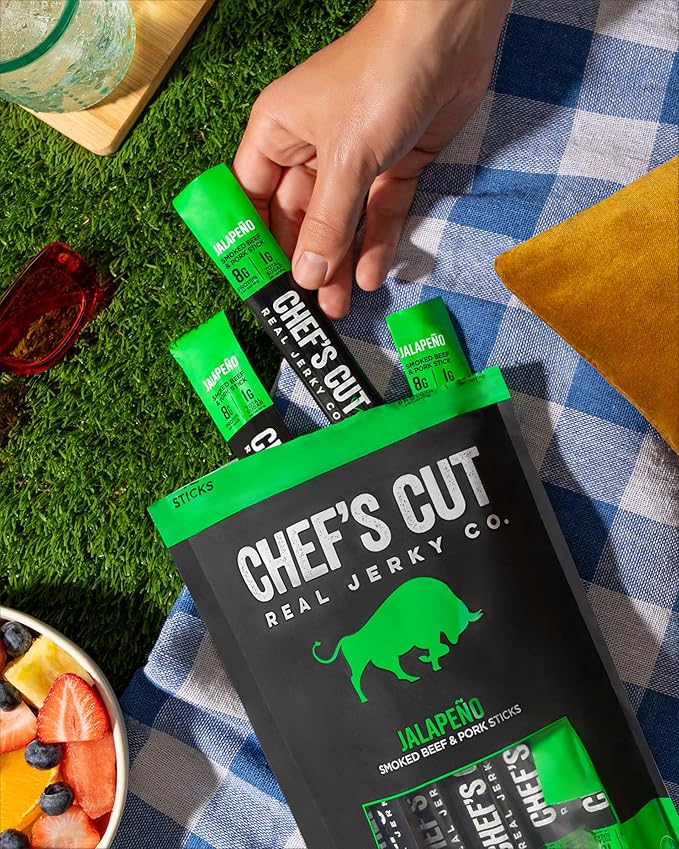 Chef's Cut Smoked Beef and Pork Jerky Meat Sticks, Jalapeño (1 Ounce Stick, Pack of 12) - High Protein, 8g Protein, 90 Calories, Gluten-Free, Individually Wrapped, Keto Friendly Snack, Low Carb Snack