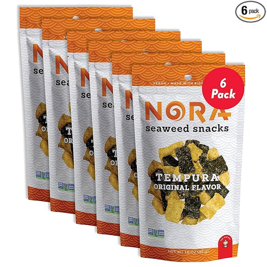 Original Tempura Seaweed Snacks by Nora, Thick Nori Sheets Snack Strips, Low-Carb Healthy Snacks for Adults, Asian Snacks, Vegan, Non-GMO, 6-Pack
